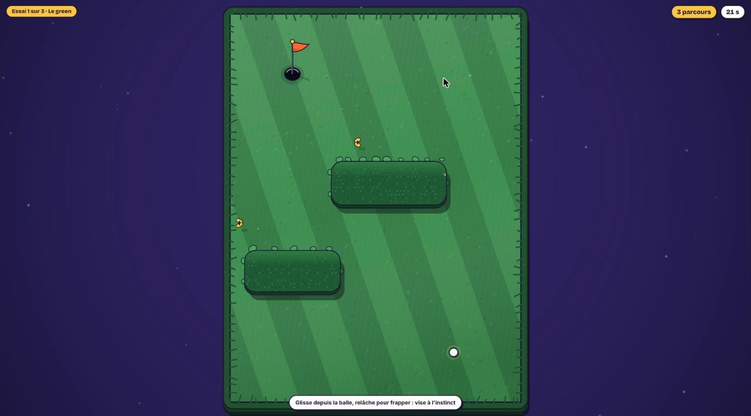 L'épreuve du green du défi du jour, un mini-golf vu de dessus